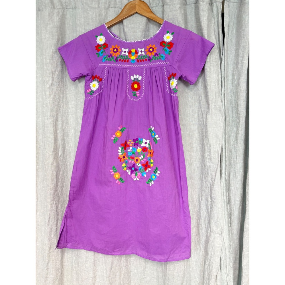 Unik Purple Floral Embroidered Mexican Peasant Cotton Dress Womens Size 8